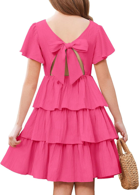 Arshiner Girls Dresses Elegant Ruffle Short Sleeve Back Tie Tiered Dresses