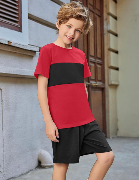 Arshiner Boys' 2-Piece Cotton Outfit Color Block T-Shirt and Shorts Set