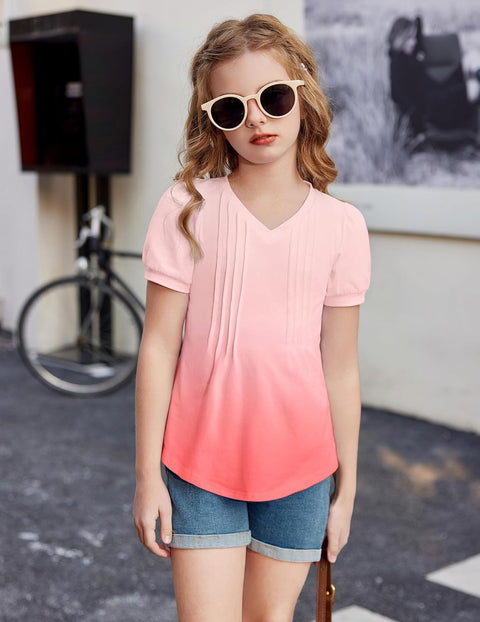 Arshiner Girls Puff Short Sleeve Shirts Pleated Tunic Top