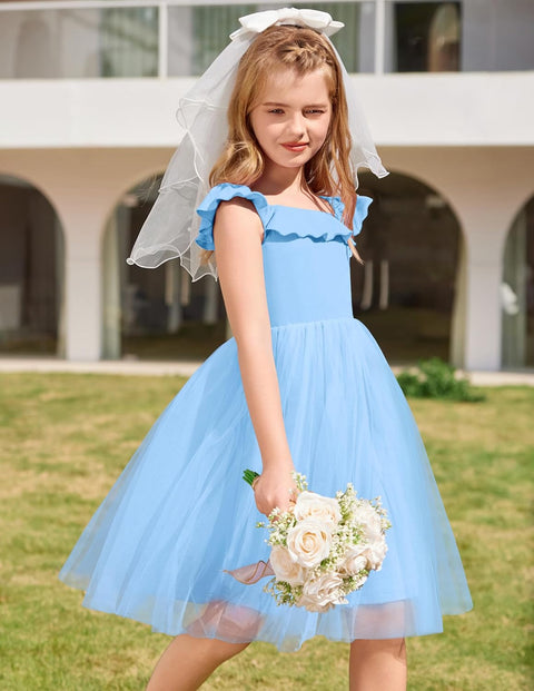 Arshiner Girls Dresses Square Neck Ruffle Sleeve Tulle Dress 6-14 Years