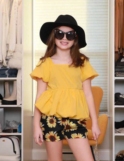 Arshiner Girls 2 Piece Sets Puffed Sleeve Bubble Hem Tops and Short Set