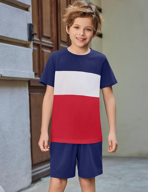 Arshiner Boys' 2-Piece Cotton Outfit Color Block T-Shirt and Shorts Set