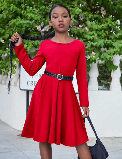 Arshiner Girls Long Sleeve Stretchy Dress A line Twirly Skater School Party Dress