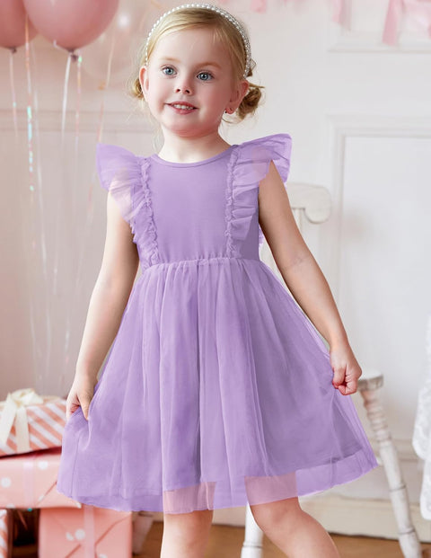 【2-8Y】Arshiner Toddler Dress Ruffle Sleeve V-Back Tie Waist Girl Dresses