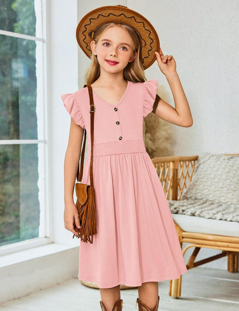 Arshiner Girls Dresses Ruffle Sleeve A-Line V-Neck Sundress