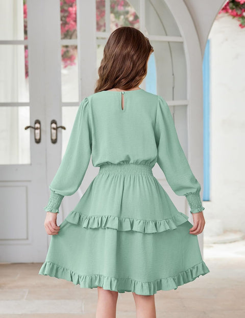 Arshiner Girls Long Sleeve Dress Boho Tiered Ruffle Hem Smocked Waist Midi Dress