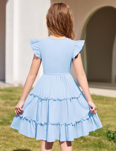 Arshiner Girl's Dress Ruffle Sleeve Tiered Dresses with Pockets 5-12 Years