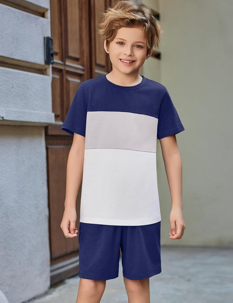 Arshiner Boys' 2-Piece Cotton Outfit Color Block T-Shirt and Shorts Set