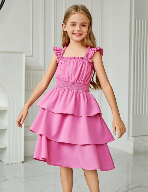 [6-14Y] Arshiner Girls Dresses Ruffle Flutter Sleeve Floral Tiered Party Dress