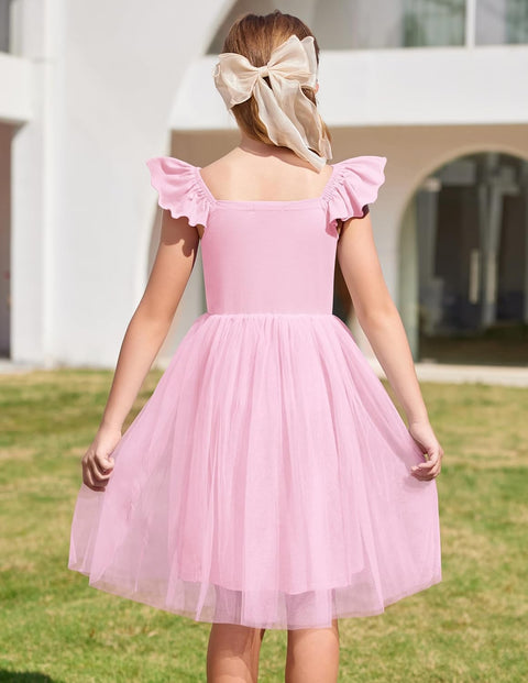 Arshiner Girls Dresses Square Neck Ruffle Sleeve Tulle Dress 6-14 Years