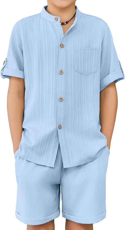 Arshiner Boy's 2 Piece Outfit Short Sleeve Textured Shirt and Short Sets