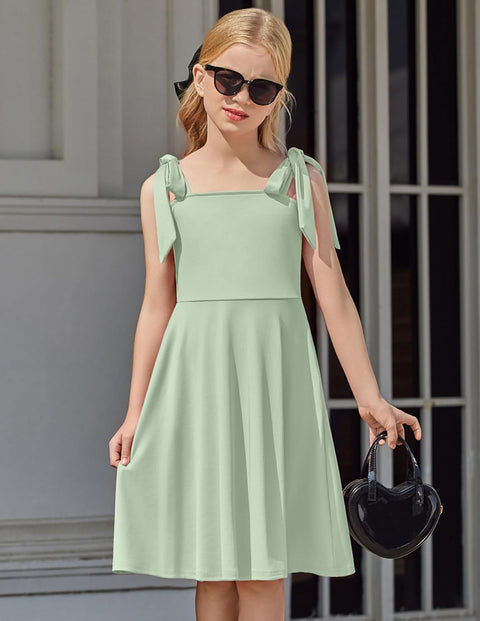 [6Y-11Y] Arshiner Girls Dress Tie Strap Solid Color Party Dresses