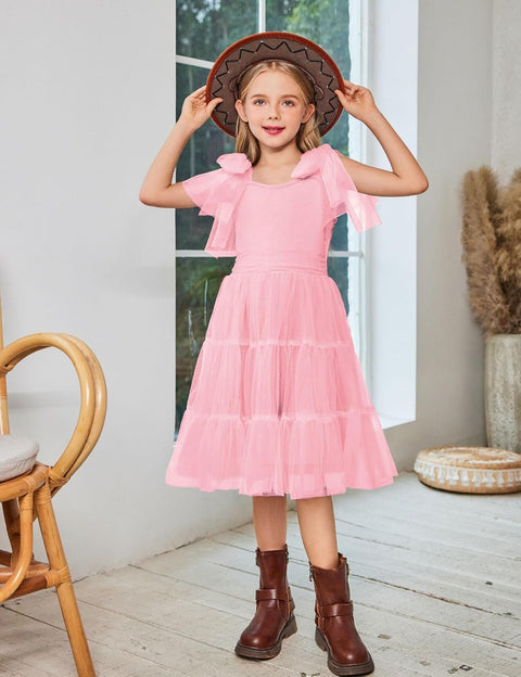Arshiner Girls Dresses Sleeveless Bow-Tie Straps Tulle Dress