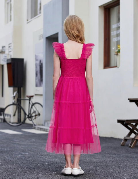 Arshiner Tween Girls Dress Ruffle Sleeve Elastic Straps Smocked Tulle Sundress