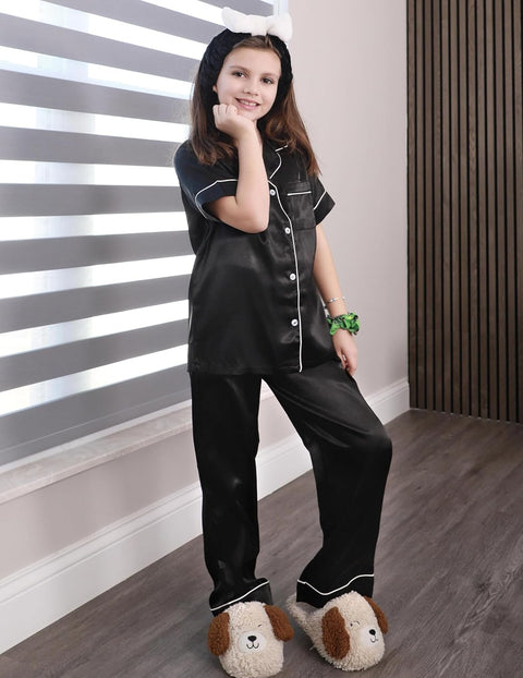 Arshiner Girls Pajamas Silk Satin Button Down Pjs 2 Piece Short Sleeve Sleepwear Set