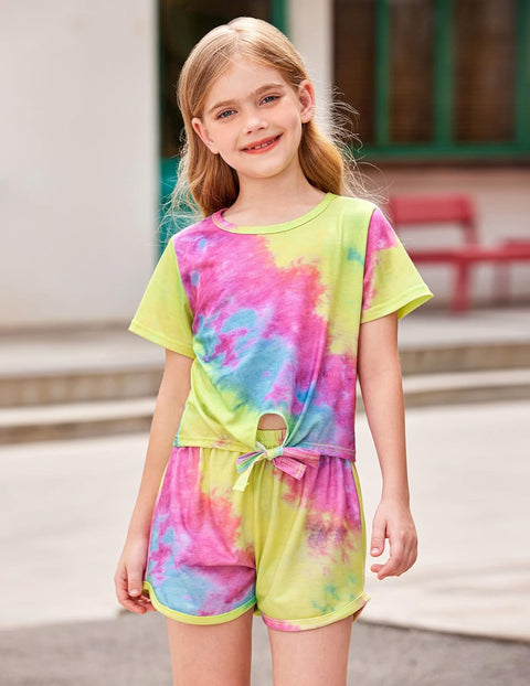 Arshiner Girls Summer Shorts Set Kids 2Pcs Tie Dye Sport T-Shirt and Shorts Set Floral Print Clothing Sets
