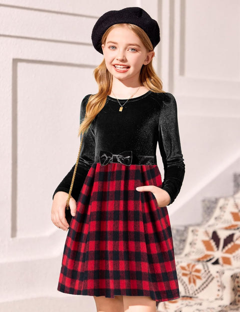 Arshiner Girls Dresses Velvet Plaid Patchwork Party Dress