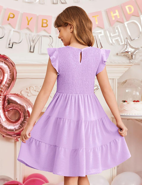 Arshiner Girls Dress Ruffle Sleeve Smocked Tiered Sundress
