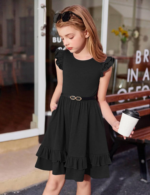 Arshiner Girls Dress Tween Boho Flutter Sleeve Tiered A Line Dresses