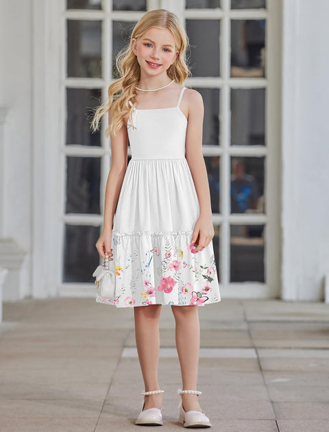 Arshiner Girls Tie Back Dress Spaghetti Strap Ruffle Hem Sundress with Pockets