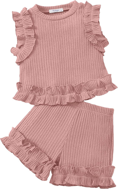 Arshiner Toddler Girls Clothes Ribbed Knit Ruffle Sleeveless Tops and Shorts with Pockets Cute Summer 2 Pieces Short Sets