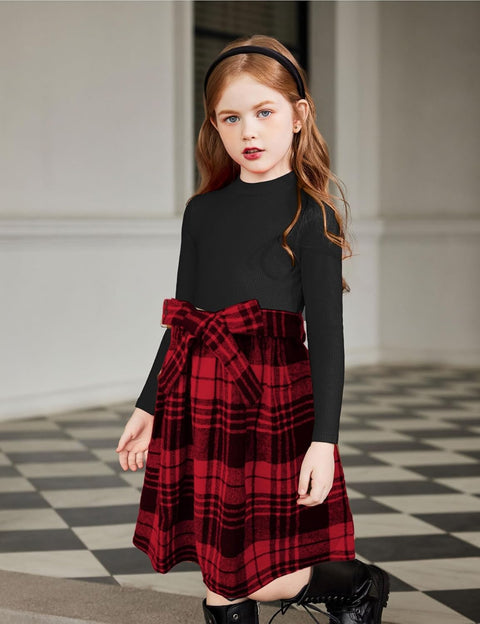 Arshiner Girls Dresses Long Sleeve Rib Knit Plaid Patchwork Belted Dress