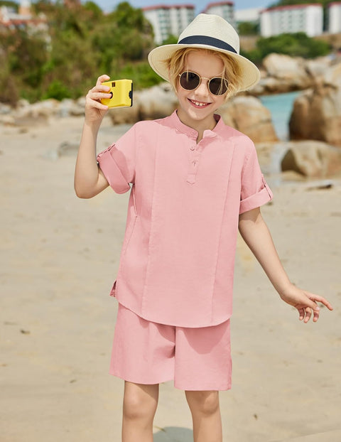 Arshiner Boy's 2 Pieces Linen Sets Henley Shirt and Shorts 5-12 Years