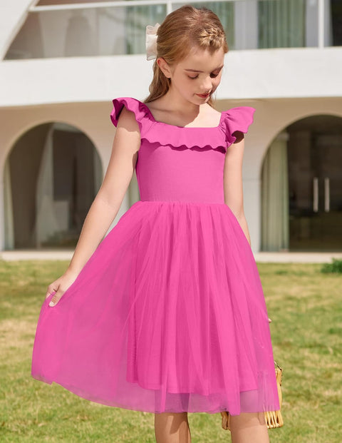 Arshiner Girls Dresses Square Neck Ruffle Sleeve Tulle Dress 6-14 Years