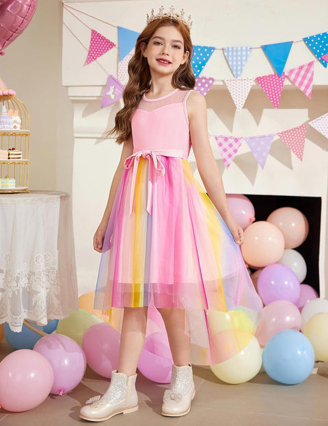 Arshiner Girls Dresses Formal Party Tulle Contrast Mesh Dress with Belt