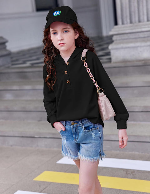 Arshiner Girls Button Collar Kids Hooded Sweatshirt