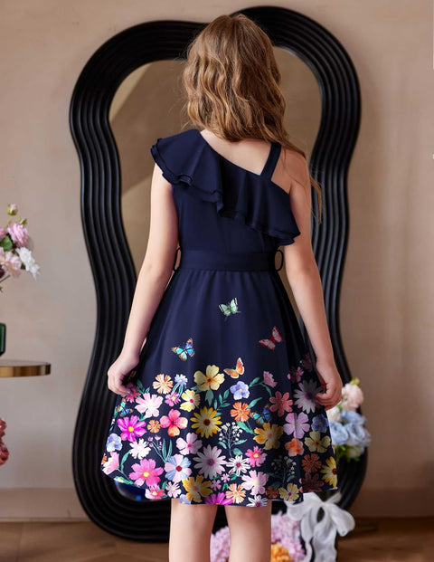 [5Y-12Y] Arshiner Girls Dress One Shoulder Formal Ruffle Trim Party Dresses