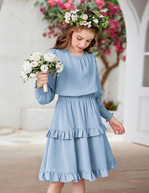 Arshiner Girls Long Sleeve Dress Boho Tiered Ruffle Hem Smocked Waist Midi Dress