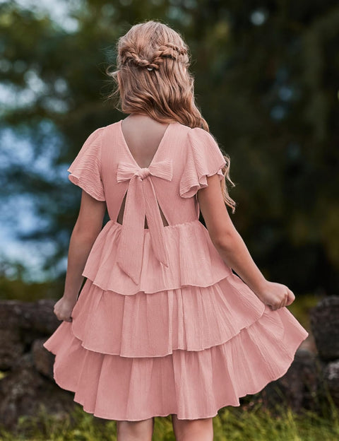 Arshiner Girls Dresses Elegant Ruffle Short Sleeve Back Tie Tiered Dresses