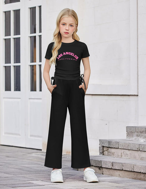Arshiner Girls Sets Ruched Drawstring Tops and Wide Leg Pants