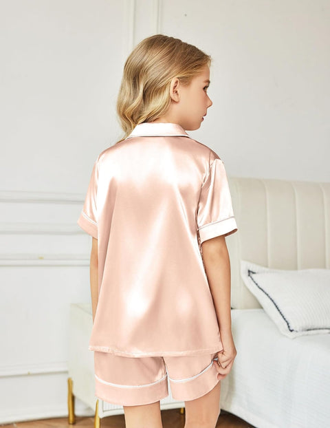 Arshiner Girls Pajamas Silk Satin Pajama Sleepwear Button Down Pj Set