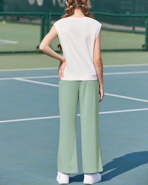 【6-14Y】Arshiner Girls 2 Piece Sets Drop Shoulder Sleeve Top and Wide Leg Pants