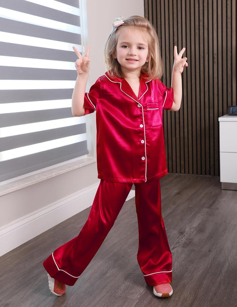 Arshiner Girls Pajamas Silk Satin Button Down Pjs 2 Piece Short Sleeve Sleepwear Set