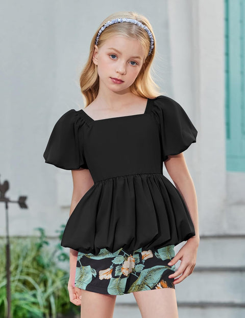Arshiner Girls 2 Piece Sets Puffed Sleeve Bubble Hem Tops and Short Set