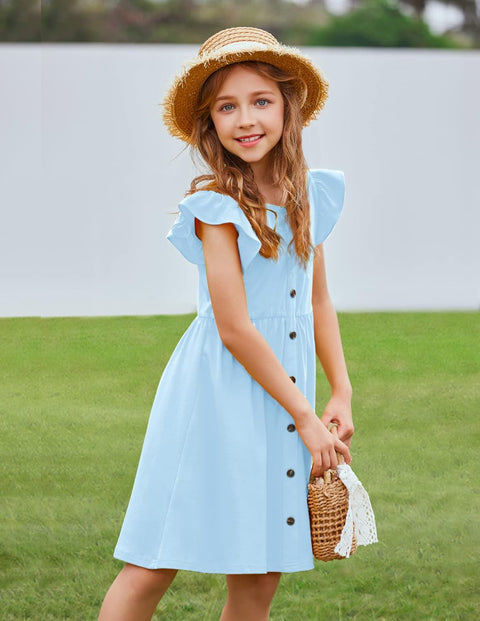 Arshiner Girls Dress Flutter Sleeve A-Line Button Down Sundress