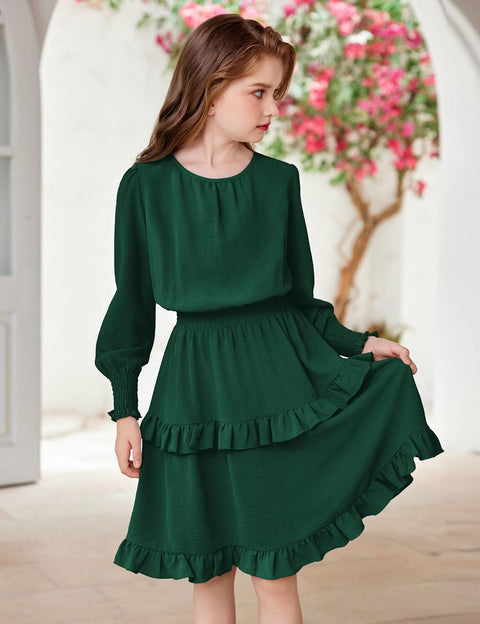 Arshiner Girls Long Sleeve Dress Boho Tiered Ruffle Hem Smocked Waist Midi Dress