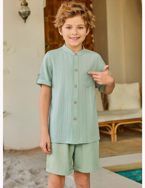 Arshiner Boy's 2 Piece Outfit Short Sleeve Textured Shirt and Short Sets