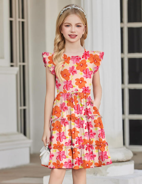 Arshiner Girl's Dress Ruffle Sleeve Tiered Dresses with Pockets 5-12 Years