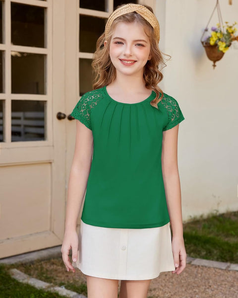 Arshiner Girls Shirts Short Sleeves Lace Pleated Kids Tops