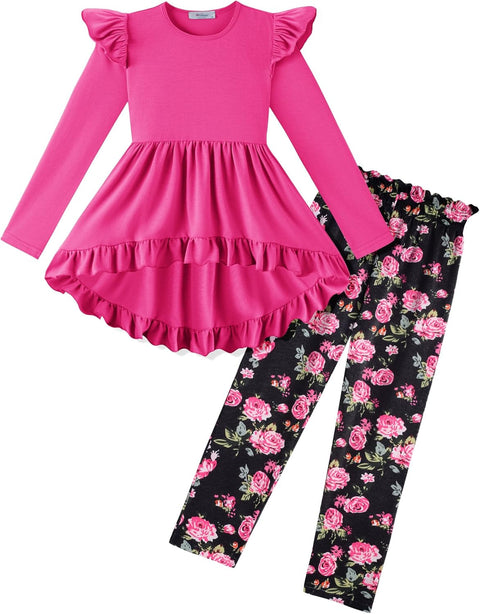 Arshiner Toddler Girl Ruffle Trim Long Sleeve Top and Floral Print Leggings Sets