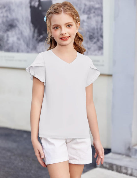 Arshiner Girls T Shirts Double Layer Ruffle Short Sleeve V Neck Tops Tee