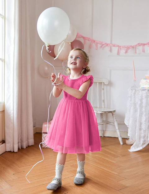 【2-8Y】Arshiner Toddler Lace Tutu Dresses Ruffle Sleeve 3 Layers Tulle Flower Dress