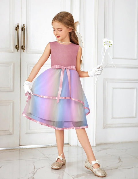 Arshiner Girls Dress Formal Party Fluffy Tulle Sleeveless Belted Dresses 3-11Y