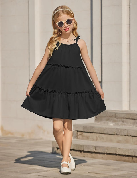Arshiner Girl Dresses Boho A-Line Swing Flowy Ruffle Tiered Sundress with Pockets
