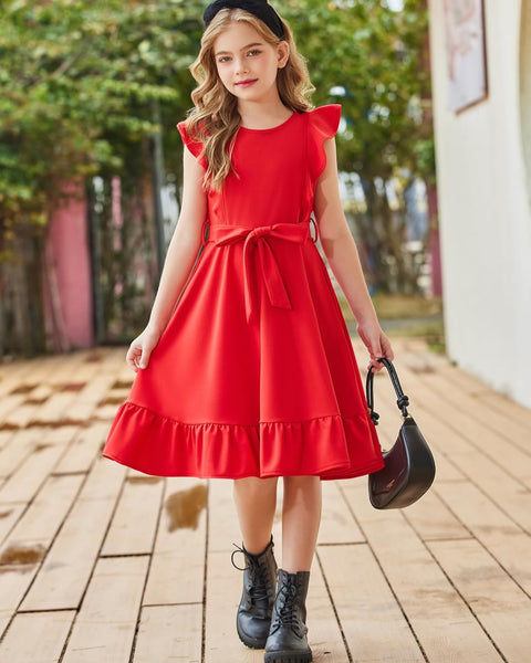 Arshiner Girls Belted Pockets Flutter Sleeve A-line Dresses