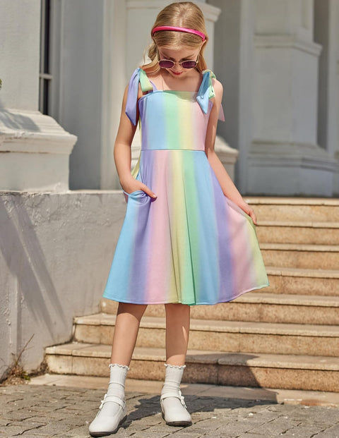 [6Y-11Y] Arshiner Girls Dress Tie Strap Solid Color Party Dresses